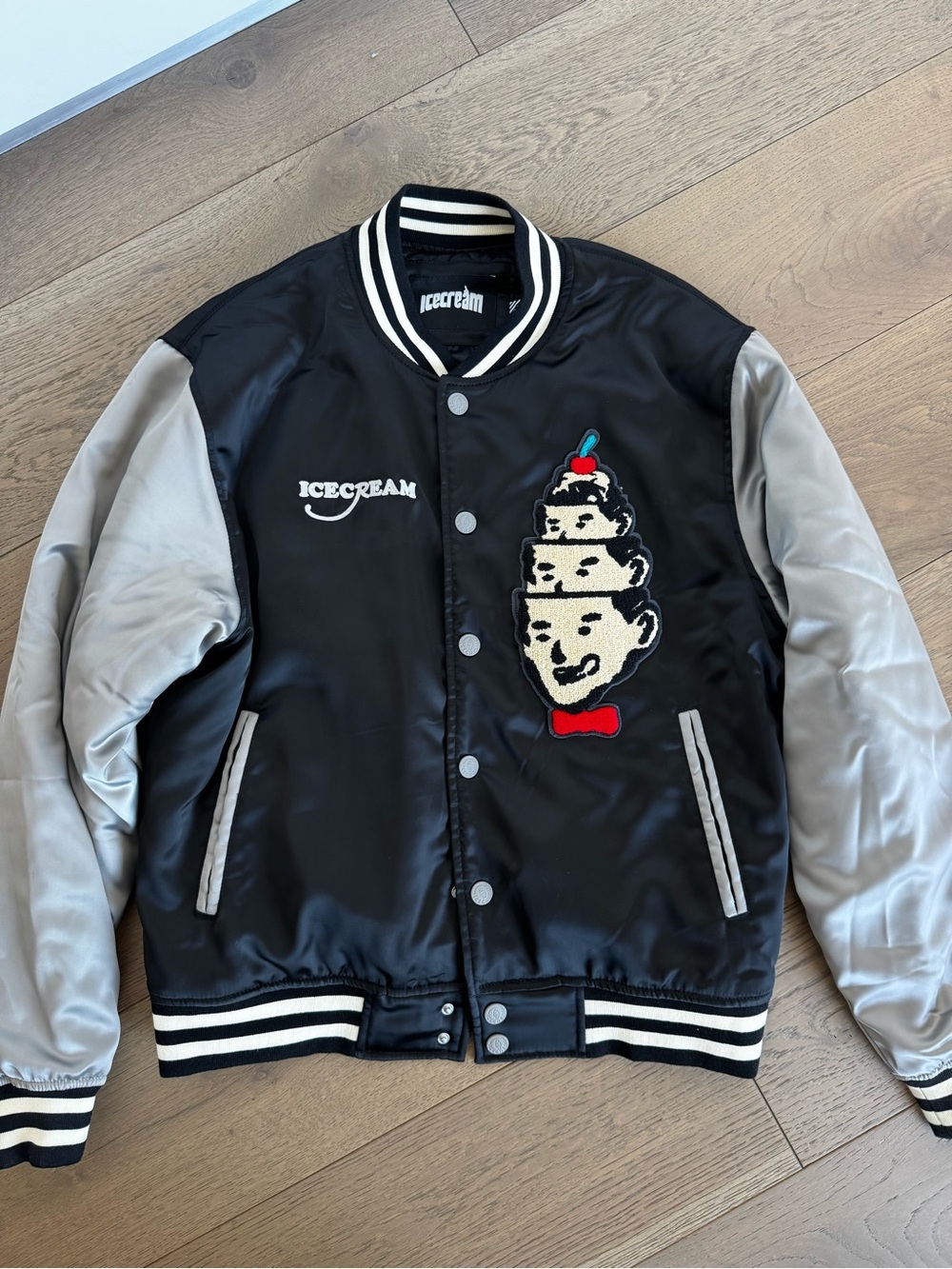 Icecream Black & Silver Varsity Bomber Jacket with Stacked-Face Patch